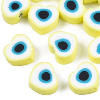 Handmade Polymer Clay Beads, Heart, Yellow, 8.5x9.5x4.5mm, Hole: 1.4mm