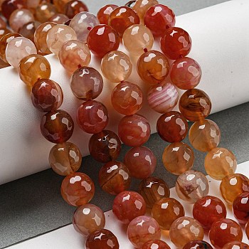 Faceted Natural Banded Agate Beads Strands, Round, Dyed & Heated, Tomato, 12mm, Hole: 1.6mm, about 31pcs/strand, 14.76''(37.5cm)