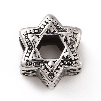 304 Stainless Steel European Beads, Large Hole Beads, Star of David, Antique Silver, 9.5x11x7.5mm, Hole: 5mm