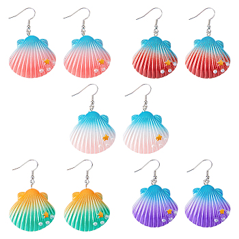 FIBLOOM 5 Pairs 5 Colors Shell Shape Resin Dangle Earrings with Iron Pins, Mixed Color, 48x32.5mm, 1 Pair/color