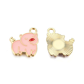 Alloy Pendants, with Enamel, Pig, Light Gold, Pink, 18x15x2mm, Hole: 2.5mm