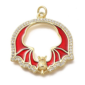 Brass Micro Pave Cubic Zirconia Pendants, with Enamel, Bat Charms, Cadmium Free & Lead Free, Lasting Plated, Real 18K Gold Plated, Red, 27x26x3.5mm, Hole: 3mm