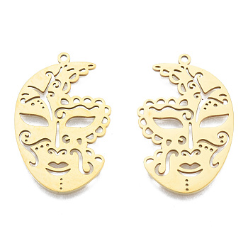 201 Stainless Steel Pendants, Face Charm, Real 18K Gold Plated, 33x21x1mm, Hole: 1.5mm