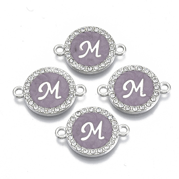Alloy Enamel Links Connectors, with Crystal Rhinestones, Flat Round with Letter, Silver Color Plated, Letter.M, 22x16x2mm, Hole: 1.8mm
