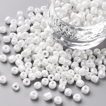 Glass Seed Beads, Opaque Colors Lustered, Round, White, 4mm, Hole: 1.5mm, about 1000pcs/100g