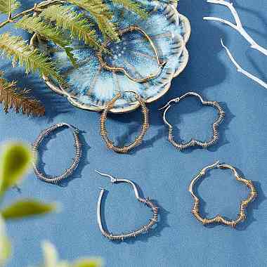 Unicraftale 6 Pairs 6 Style Heart & Flower & Oval 304 Stainless Steel Wire Wrapped Hoop Earrings(EJEW-UN0001-84)-4