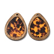 Wood & Resin Pendant, Teardrop Charms, Dark Orange, 35x26x2.5mm, Hole: 2mm(WOOD-H104-22-08)