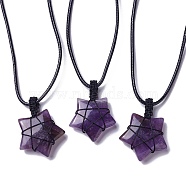 Adjustable Natural Amethyst Star Pendant Necklace, Wax Cord Macrame Pouch Braided Gemstone Jewelry for Women, 29.37~29.84 inch(74.6~75.8cm)(NJEW-B086-03B)