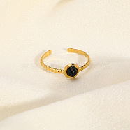 Round Natural Obsidian Ring, Stainless Steel Cuff Ring for Women, Real 18K Gold Plated(RE0244-3)