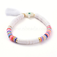 Handmade Polymer Clay Heishi Beads Stretch Bracelets, with Cotton Thread Tassel Pendants and Natural Freshwater Shell Beads, Palm with Evil Eye, PapayaWhip, 2-1/4 inch(5.8cm)(BJEW-JB05079-03)