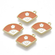 Alloy Charms, with Enamel, Fan with Flower, Light Gold, Dark Orange, 10x15x1.5mm, Hole: 1.2mm(PALLOY-S177-77D)