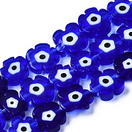 Handmade Lampwork Beads Strands, Flower with Evil Eye, Medium Blue, 7~9x7~9x3mm, Hole: 0.8mm, about 50~52pcs/strand, 14.57 inch~15.35 inch(37~39cm)(LAMP-N023-002A-02)