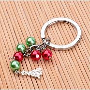 Glass Pearl Bead Keychain, with Alloy Findings for Christmas, Colorful, 100mm(KEYC-JKC00074)