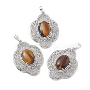 Natural Tiger Eye Pendants, Flower Charms, with Platinum Plated Brass Findings, 44x32x10mm, Hole: 8x5mm(G-P492-01P-03)