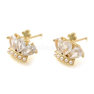 Rack Plating Brass Micro Pave Cubic Zirconia Stud Earring, with Plastic Imitation Pearl, Long-Lasting Plated, Cadmium Free & Lead Free, Crown, Real 18K Gold Plated, 11.7x15mm(EJEW-C079-03G)