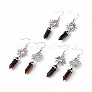 Natural Tiger Eye Bullet with Sun Dangle Earrings, Platinum Brass Long Drop Earrings for Women, 60mm, Pin: 0.6mm(EJEW-I276-01P-08)