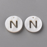 Natural Freshwater Shell Pendants, Flat Round with Letter, Letter.N, 12x1.5mm, Hole: 1mm(SHEL-Q311-008N)
