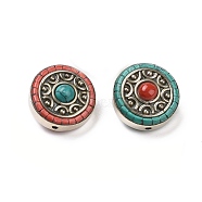 Handmade Tibetan Style Beads, with Brass Findings and Synthetic Turquoise, Flat Round, Antique Silver, Mixed Color, 20x11.5~12mm, Hole: 1.6mm(TIBEB-C002-07AS)