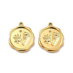 Ion Plating(IP) 304 Stainless Steel Pendant Rhinestone Settings, Flat Round with Palm & Foot Print, Real 18K Gold Plated, Fit for 1mm Rhinestone, 20x16x2.5mm, Hole: 1.4mm(STAS-I197-001G)