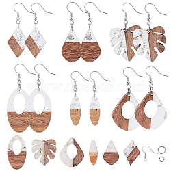 SUNNYCLUE DIY Dangle Earring Making Kits, Including Transparent Resin & Walnut Wood Pendants, Brass Earring Hooks and Iron Jump Rings, Mixed Shapes, Silver, Pendants: 12pcs/box(DIY-SC0001-86P)