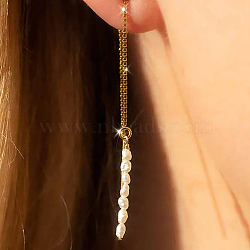 S925 Sterling Silver Tassel Ear Thread, with Rice Beads, Golden, 90mm(ZC4756)