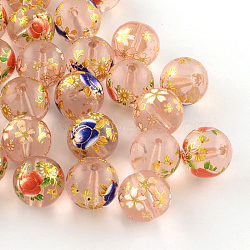 Mixed Flower Picture Printed Glass Round Beads, PeachPuff, 12mm, Hole: 1.5mm(GFB-R004-12mm-M18)