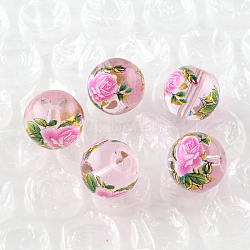 Rose Flower Pattern Printed Round Glass Beads, Magenta, 10x9mm, Hole: 1.5mm(GFB-R004-10mm-W01)