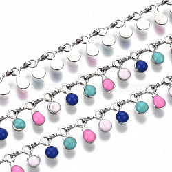 Brass Link Chains, with Enamel Charms, Long-Lasting Plated, Soldered, Teardrop & Flat Round, Colorful, Platinum, Teardrop: 7x6x1.5mm, Flat Round: 6x6x1.5mm(CHC-T012-23P)