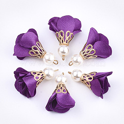 Iron Pendants, with Cloth and ABS Plastic Imitation Pearl, Flower, Golden, Purple, 25~32x15~25mm, Hole: 1~4mm(FIND-T033-07I)
