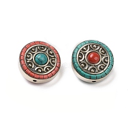 Handmade Tibetan Style Beads, with Brass Findings and Synthetic Turquoise, Flat Round, Antique Silver, Mixed Color, 20x11.5~12mm, Hole: 1.6mm(TIBEB-C002-07AS)