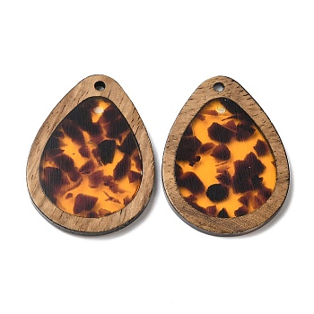 Wood & Resin Pendant, Teardrop Charms, Dark Orange, 35x26x2.5mm, Hole: 2mm