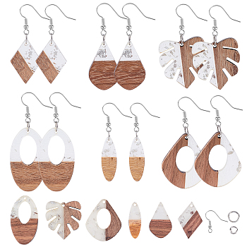 SUNNYCLUE DIY Dangle Earring Making Kits, Including Transparent Resin & Walnut Wood Pendants, Brass Earring Hooks and Iron Jump Rings, Mixed Shapes, Silver, Pendants: 12pcs/box