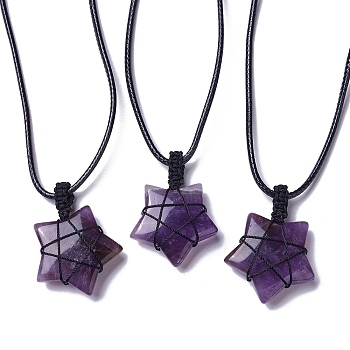 Adjustable Natural Amethyst Star Pendant Necklace, Wax Cord Macrame Pouch Braided Gemstone Jewelry for Women, 29.37~29.84 inch(74.6~75.8cm)