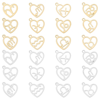 DICOSMETIC 24Pcs 12 Style 304 Stainless Steel Pendants, Laser Cut, Heart with Constellation, Golden & Stainless Steel Color, 15.5x12.5x0.6mm, Hole: 1.5mm, 2pcs/style