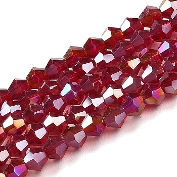 Transparent Electroplate Glass Beads Strands, AB Color Plated, Faceted, Bicone, Dark Red, 3x2.5mm, Hole: 0.7mm, about 162~185pcs/strand, 12.76~14.61 inch(32.4~37.1cm)
