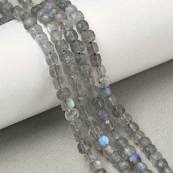 Natural Labradorite Beads Strands, Cube, Faceted, 4x4x4mm, Hole: 0.6mm, about 52pcs/strand, 7.72''(19.6cm)