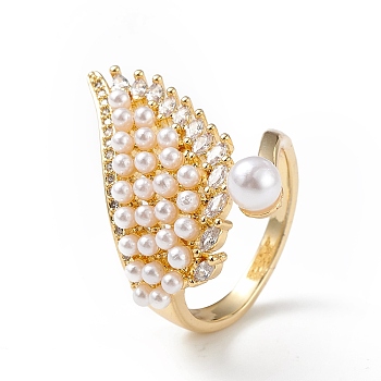 Clear Cubic Zirconia Wing Open Cuff Ring with Plastic Pearl Beaded, Rack Plating Brass Jewelry for Women, Lead Free & Cadmium Free, Real 18K Gold Plated, Inner Diameter: 17mm