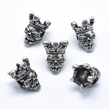 Brass Beads, with Cubic Zirconia, Cadmium Free & Nickel Free & Lead Free, Skull, Antique Silver, 14x11x10.5mm, Hole: 3mm