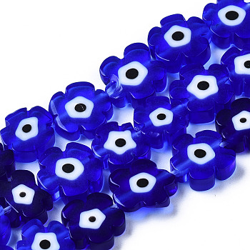 Handmade Lampwork Beads Strands, Flower with Evil Eye, Medium Blue, 7~9x7~9x3mm, Hole: 0.8mm, about 50~52pcs/strand, 14.57 inch~15.35 inch(37~39cm)