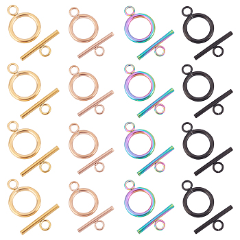 16 Sets 4 Style Ion Plating(IP) 304 Stainless Steel Toggle Clasps, Ring, Mixed Color, 19x14x2mm, Hole: 3mm, 4 sets/style