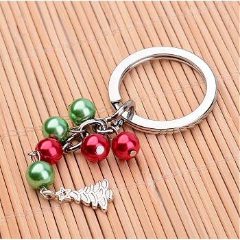 Glass Pearl Bead Keychain, with Alloy Findings for Christmas, Colorful, 100mm