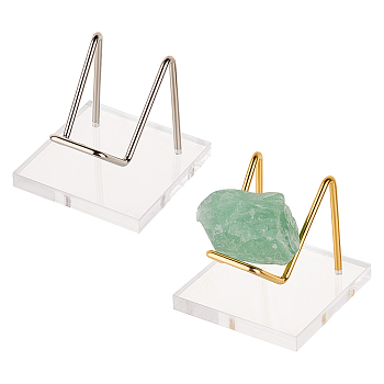 2Pcs 2 Colors Square Transparent Acrylic Mineral Crystal Display Stands, Rough Gemstone Storage Rack with Iron Holder, Platinum & Golden, 5x5x4.5cm, 1pc/color