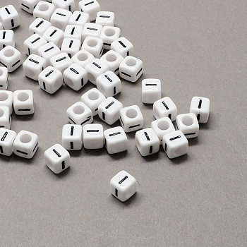 Large Hole Acrylic Letter European Beads, Horizontal Hole, White & Black, Cube with Letter.I, 6x6x6mm, Hole: 4mm, about 2950pcs/500g