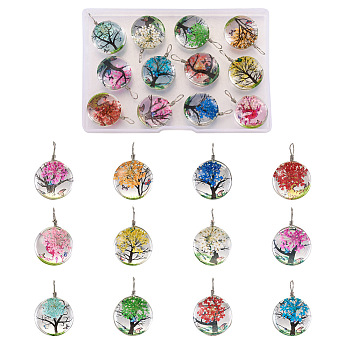 12Pcs Transparent Glass Pendants, with Dried Flower inside and Stainless Steel Finding, Flat Round, Mixed Color, 20x12.5mm, Hole: 4.5mm