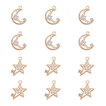 NBEADS Brass Micro Pave Cubic Zirconia Pendants, Star and Moon, Clear, Real 18K Gold Plated, 68x52x1.1mm