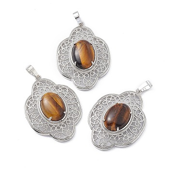 Natural Tiger Eye Pendants, Flower Charms, with Platinum Plated Brass Findings, 44x32x10mm, Hole: 8x5mm