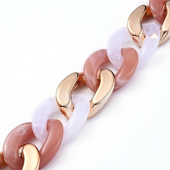 Imitation Gemstone Style Handmade Acrylic Curb Chains, with Rose Gold Plated CCB Plastic Linking Ring, Rosy Brown, Link: 29x21x6mm, 60pcs/strand, about 39.37 inch(1m)/strand