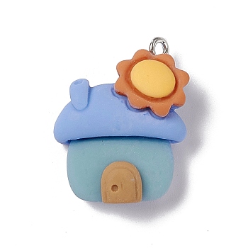 Opaque Resin Pendants, with Platinum Tone Iron Loops, Aqua, House Pattern, 27x19x8.5mm, Hole: 2mm