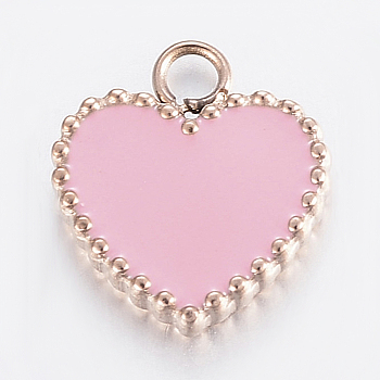 304 Stainless Steel Enamel Charms, Heart, Rose Gold, Pink, 12x10.5x2mm, Hole: 2mm