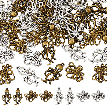 120Pcs 4 Style Tibetan Style Alloy Pendants, Octopus, Antique Bronze & Antique Silver, 20.5~30.5x17~24x2.5~4.5mm, Hole: 1.5~2mm, 30pcs/style